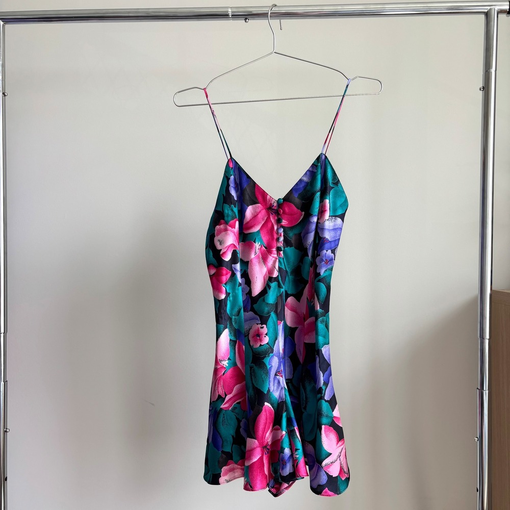 80s Vintage Cacique Lingerie‎ Bold Floral Slip Dress Romper Sleepwear Glam Small